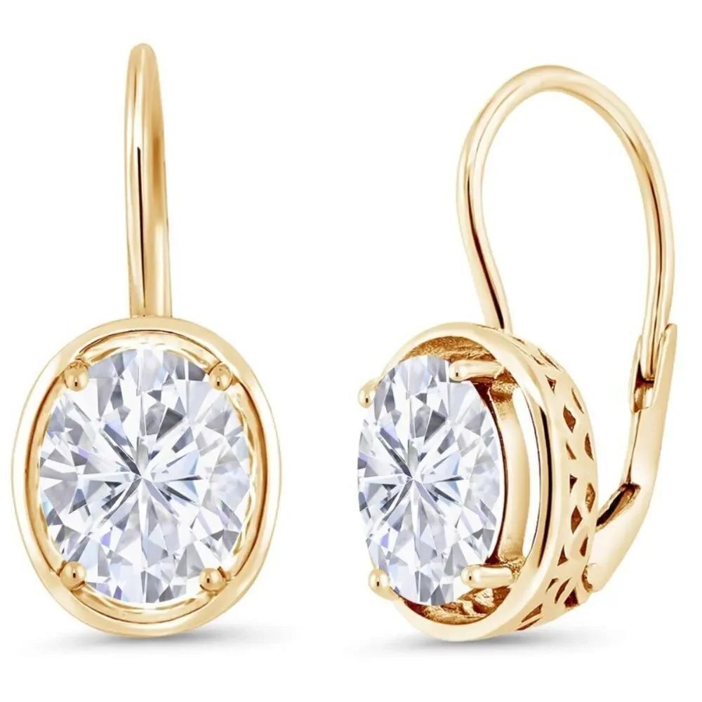 18K Yellow Gold 925 with 4.20 Cttw White Moissanite Oval Leverback Drop Earrings